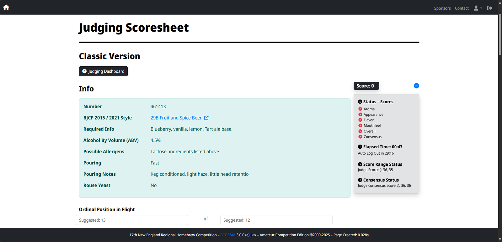 Allergens and Entry Details on Scoresheet